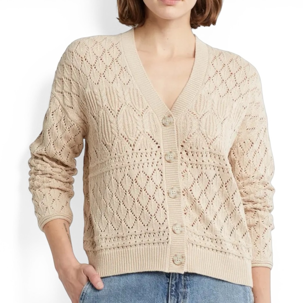 Splendid Dallas Open Knit Cardigan Cream Cotton Button Womens Small Sweater Top